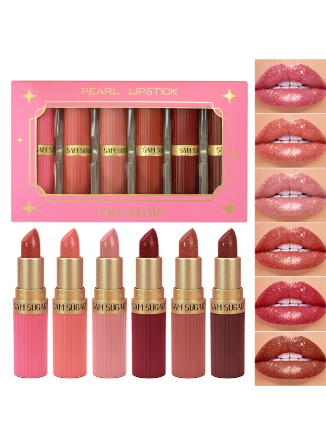 Huitich 6-Piece Diamond Lipstick Set – Pearl & Matte Long-Lasting Shimmer Lipsticks - Image 1
